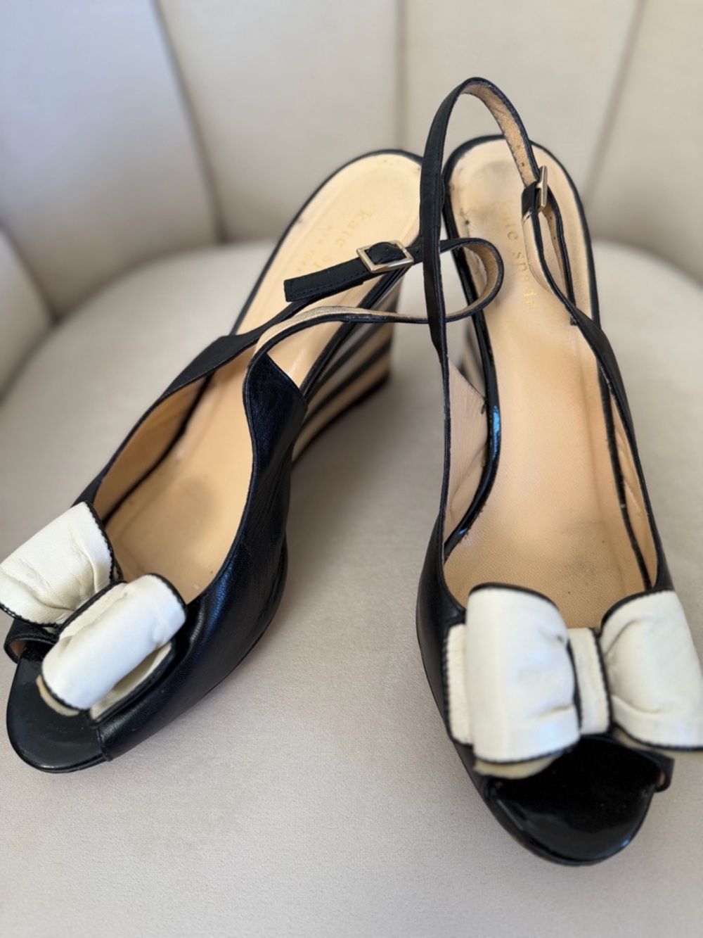 Kate Spade NY Isola Striped Wedge Slingback Sandals black white bow Shoes Y2K 8 - Picture 4 of 14